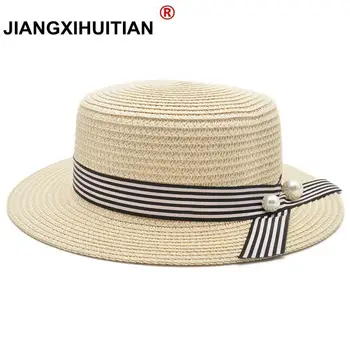 2018 Новые женские Канотье, солнцезащитные кепки, лента с круглым плоским верхом, Соломенная пляжная шляпа, Панама, летние шляпы для женщин, соломенная шляпа snapback gorras