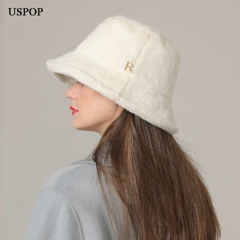 Бренд USPOP, Дизайнерские Женские зимние шапки-ведра с металлической буквой R, Повседневные однотонные Плюшевые Пушистые теплые шапки Размера S, M, L