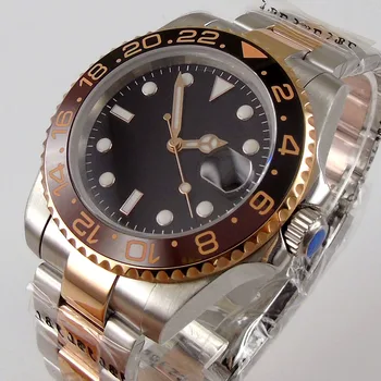 Деловые Двухцветные Мужские часы с автоматическим браслетом из розового золота, покрытые черным Стерильным Циферблатом, Застежка для развертывания