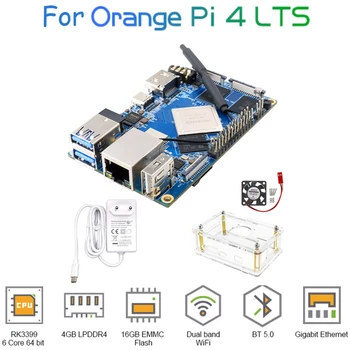 Для Orange Pi 4 4GB Rockchip RK3399 16GB EMMC Development Board + Блок питания 5V4A + Акриловый корпус + Вентилятор охлаждения EU Plug