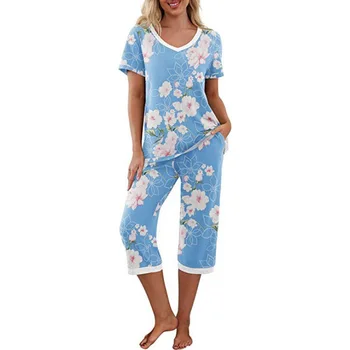 Женская Хлопковая пижама, комплект из двух предметов, Летний пуловер с принтом, Укороченный топ с коротким рукавом, Свободные шорты, Пижама для женщин, Одежда для сна