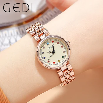 Женские часы GEDI из водонепроницаемого розового золота, роскошный ремешок из нержавеющей стали с бриллиантовой шкалой, модные кварцевые наручные часы Woman 2023