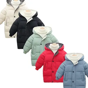 Зимняя теплая детская куртка с капюшоном на хлопковой подкладке, пуховик средней длины, детский однотонный пуховик от 2 до 10 лет