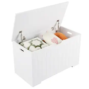 Коробка, сундук для хранения игрушек с 2 предохранительными петлями, белый ящик для хранения с откидной крышкой, открывающийся и медленно закрывающийся