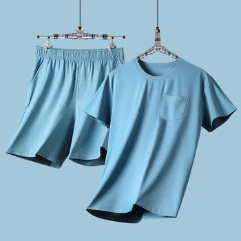 Мужская домашняя одежда, пижамный комплект, летний комплект из чистого хлопка с тонким коротким рукавом, Повседневные дышащие 2022 Новые пятые брюки