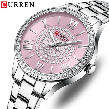 Очаровательные кварцевые часы CURREN для женщин, роскошные наручные часы со светящимися стрелками из нержавеющей стали со стразами