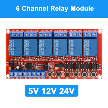Релейный модуль 6-канальный 5 В 12 В 24 В релейный модуль плата щит с оптроном Поддержка триггера высокого и низкого уровня для Arduino
