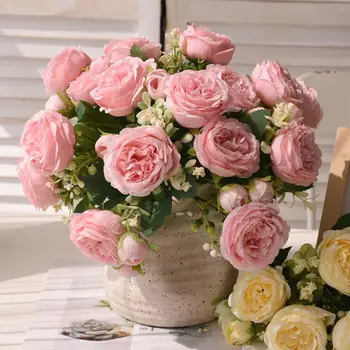 Роза Розовый Шелковый Букет Пион Искусственный Цветок 30 см 4 Бутона Для Свадебного украшения Невесты Дома 5 Искусственных Цветов с Большой маленькой головкой H8J7