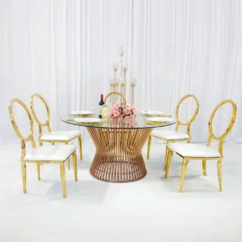 Свадебные роскошные свадебные столы с основанием из нержавеющей стали и стеклянной столешницей из современного золота
