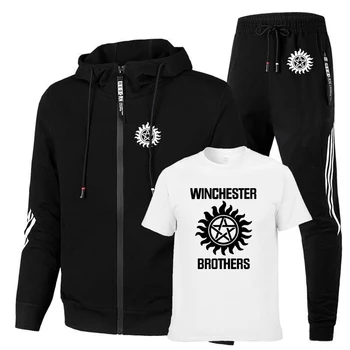 Сверхъестественные мужские костюмы, куртки с принтом Winchester Bros, Однотонная хлопковая мужская толстовка в полоску + футболка + спортивные брюки, 3 предмета