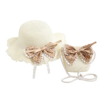 Соломенная Шляпа от Солнца с широкими полями для маленьких девочек, комплект с сумкой через плечо, Летняя пляжная кепка с милым бантом