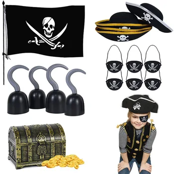Шляпа с принтом пиратского черепа, флаг, повязка на глаза, Борода, нагрудный крючок, пиратский капитан, аксессуары для костюма для косплея, декор для вечеринки, детская игрушка