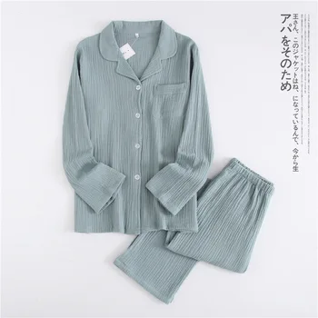 Японская новая мужская пижама из хлопчатобумажного крепа с длинными рукавами + брюки, весенне-осенняя тонкая пара, костюм для домашнего обслуживания, женская пижама