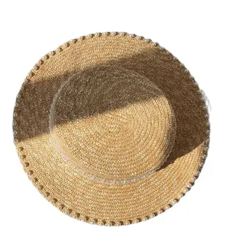Летняя новая Соломенная шляпа с жемчугом, модные солнцезащитные шляпы с плоским верхом, для прогулок на открытом воздухе Оптом
