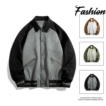 Мужская куртка из искусственной замши, Весенне-осенняя бейсбольная одежда, пальто с лацканами, оверсайз, Уличная Военная Винтажная пара, модный стиль