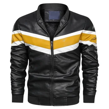 Новая трендовая Мужская кожаная куртка, Модная бейсбольная кожаная куртка в стиле пэчворк, Мужская флисовая мотоциклетная кожаная куртка, пальто
