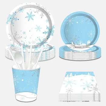Одноразовая посуда для вечеринки в виде голубой снежинки, тарелки на тему зимнего снега, салфетки на день рождения 2023, Счастливого Рождества, декабря, Счастливого Нового 2024 года