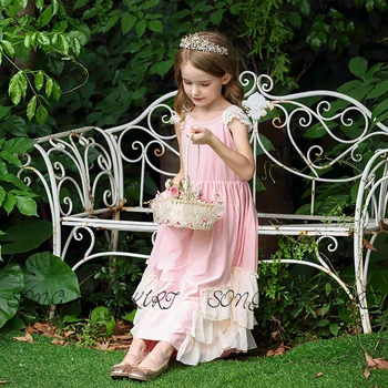 Розовые открытые платья Трапециевидной формы для девочек в цветочек, тюлевая юбка Принцессы с оборками, платья в пасторальном стиле с рукавом-бабочкой, подарочные платья на День рождения