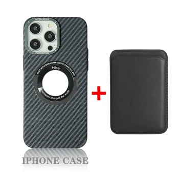 Чехол для телефона из углеродного волокна 2ni1 для Apple iPhone 14 13 Pro Max 12 Глянцевое металлическое кольцо для камеры С Полым отверстием для логотипа Крышка с держателем карты